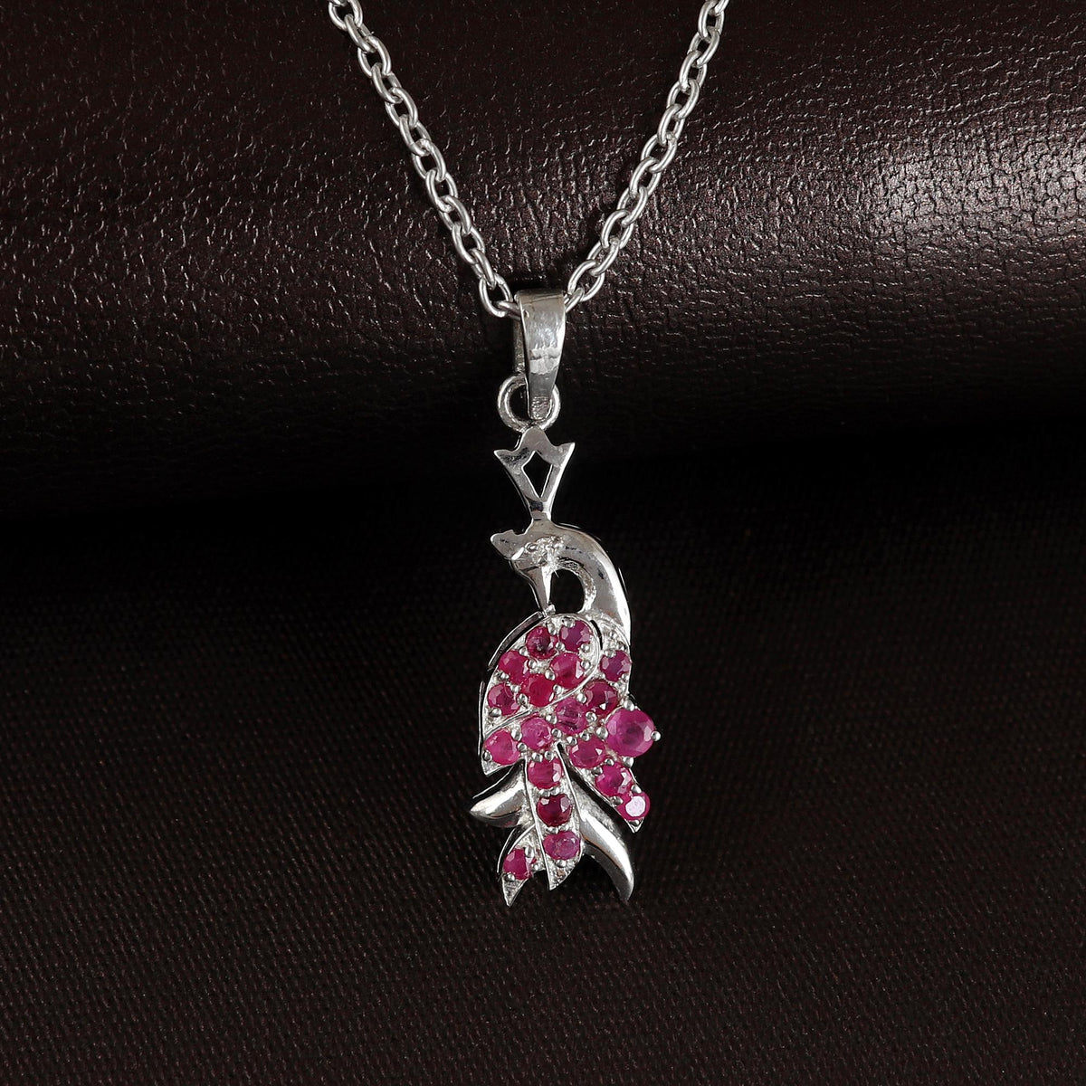 Ruby Peacock Pendant: Sterling Silver Bird Necklace, July Birthstone