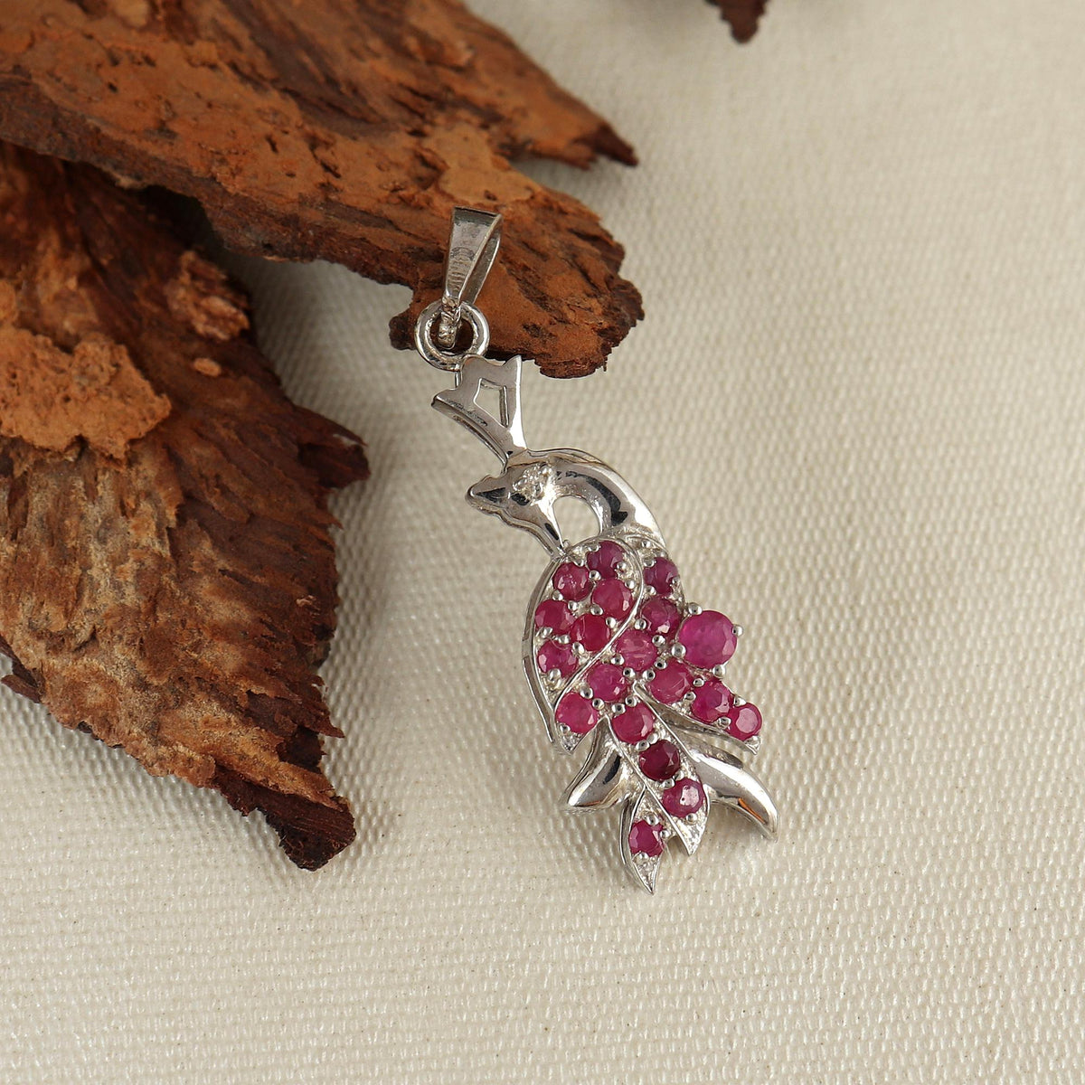 Ruby Peacock Pendant: Sterling Silver Bird Necklace, July Birthstone