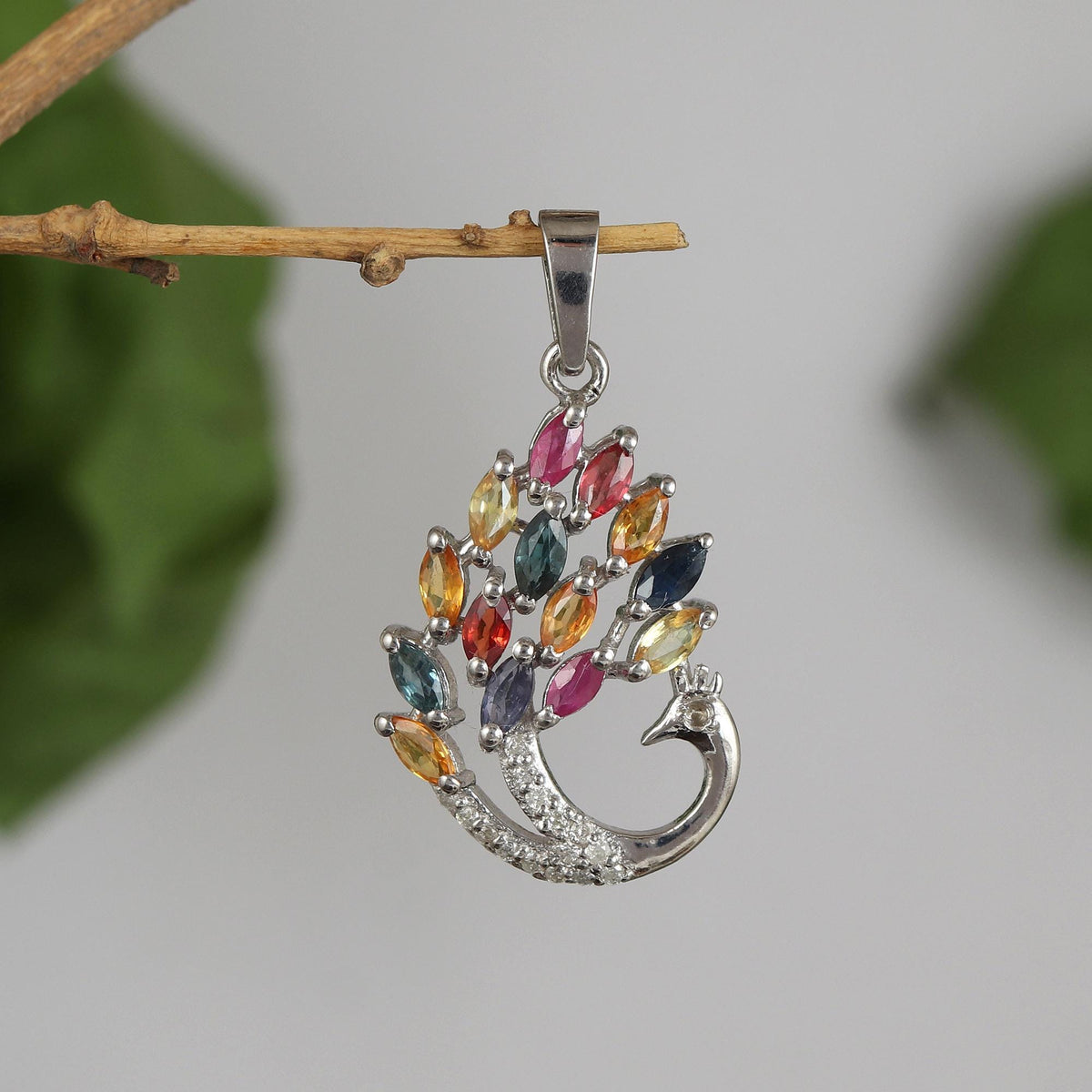 Sterling Silver Rainbow Sapphire Peacock Pendant: Diamond Bird Jewelry