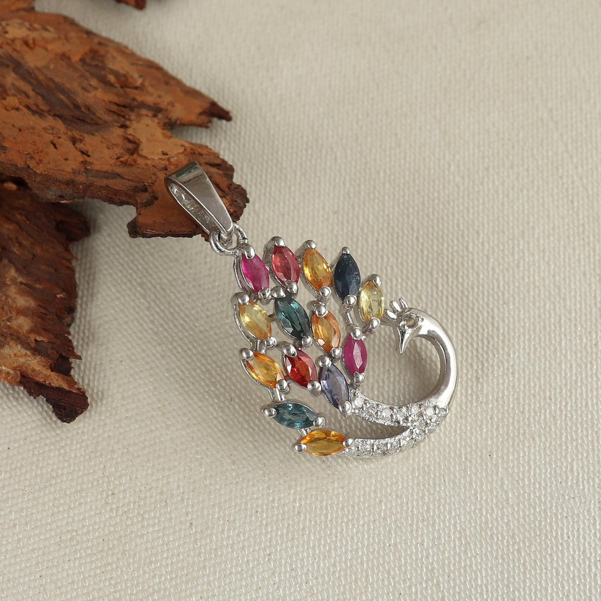 Sterling Silver Rainbow Sapphire Peacock Pendant: Diamond Bird Jewelry