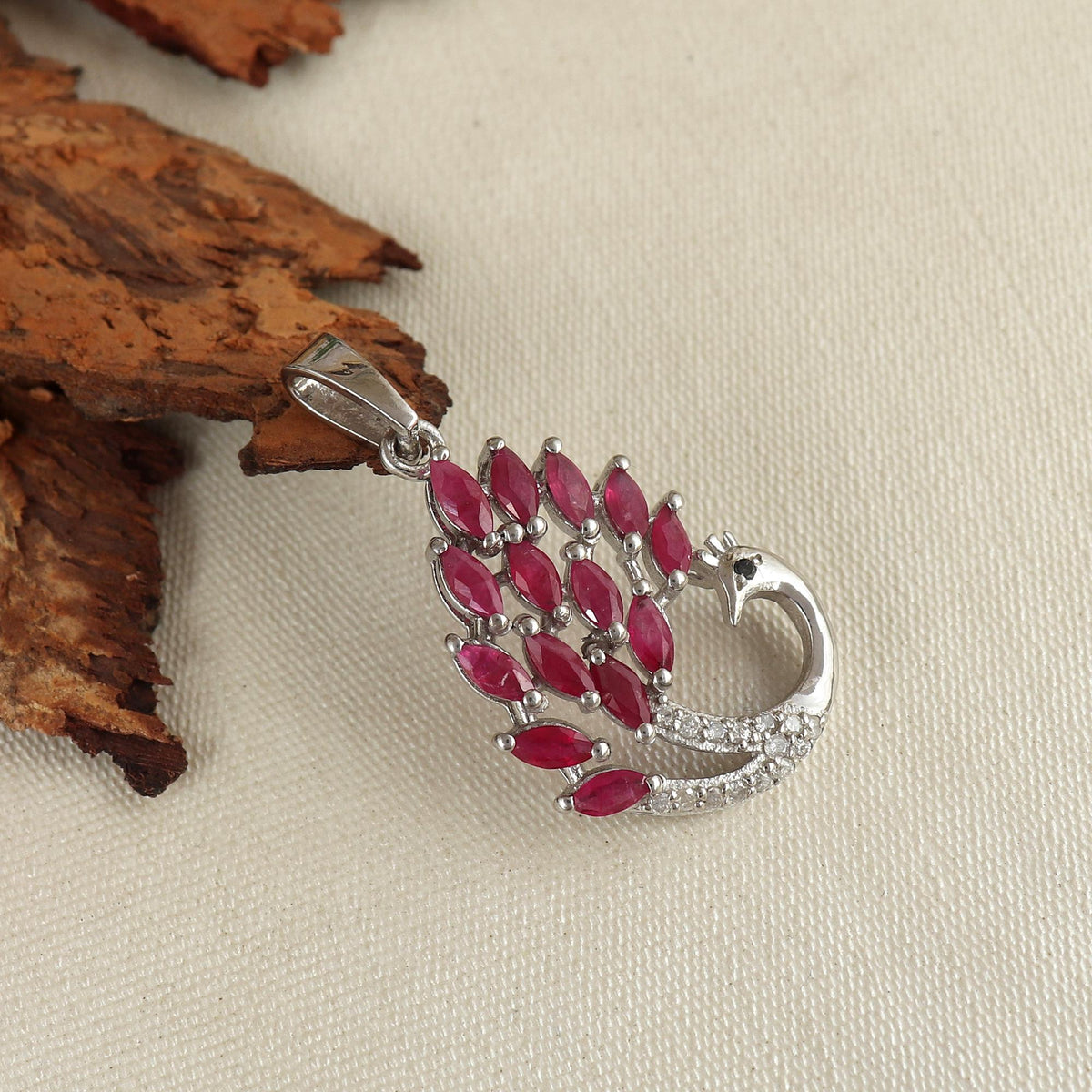 Ruby Peacock Pendant: Sterling Silver Diamond Bird Necklace