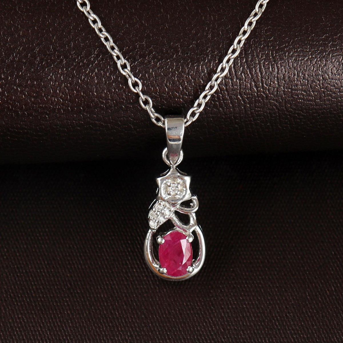 Oval Ruby Pendant: Sterling Silver Diamond Necklace, July Birthstone