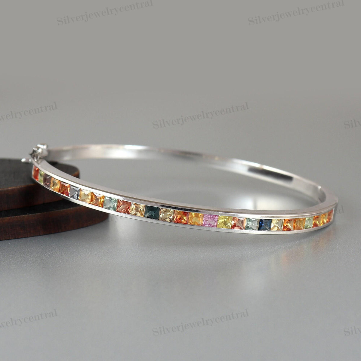 Sterling Silver Multi Sapphire Tennis Bangle Handmade Gemstone, Gift for Her