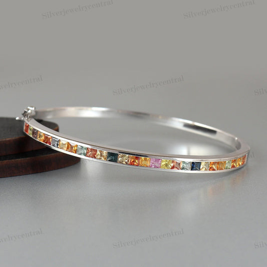 Sterling Silver Multi Sapphire Tennis Bangle Handmade Gemstone, Gift for Her