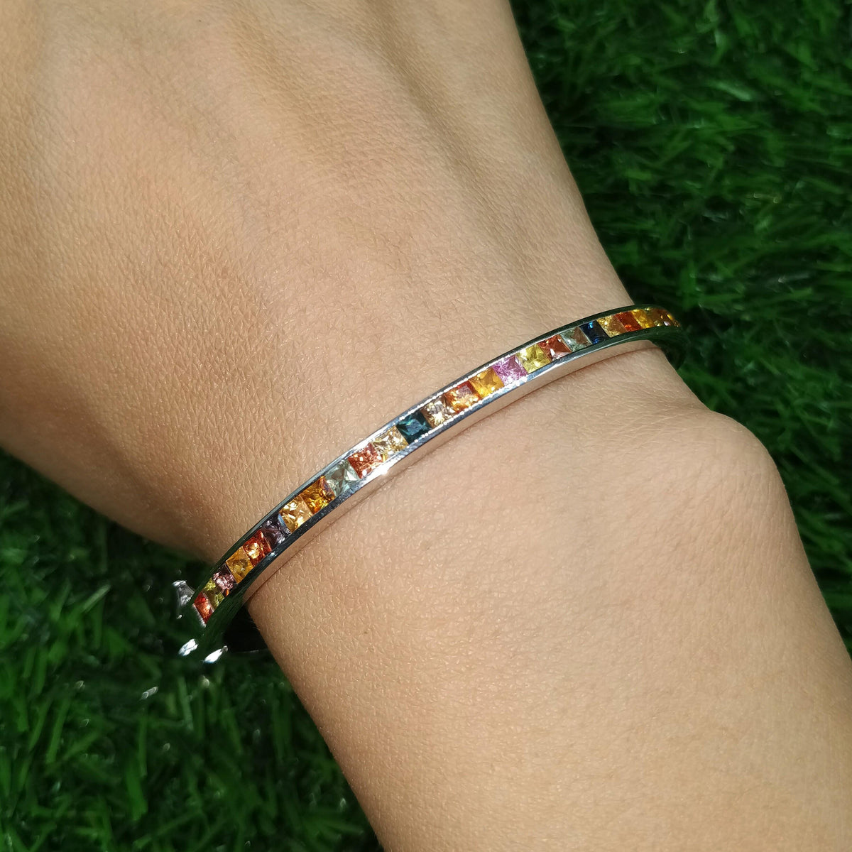 Sterling Silver Multi Sapphire Tennis Bangle Handmade Gemstone, Gift for Her