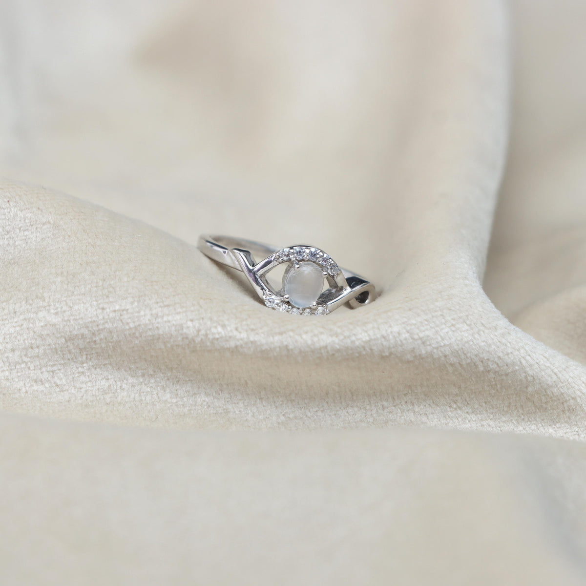 White Moonstone Ring: Oval Gemstone, Cubic Zircon, 925 Sterling Silver