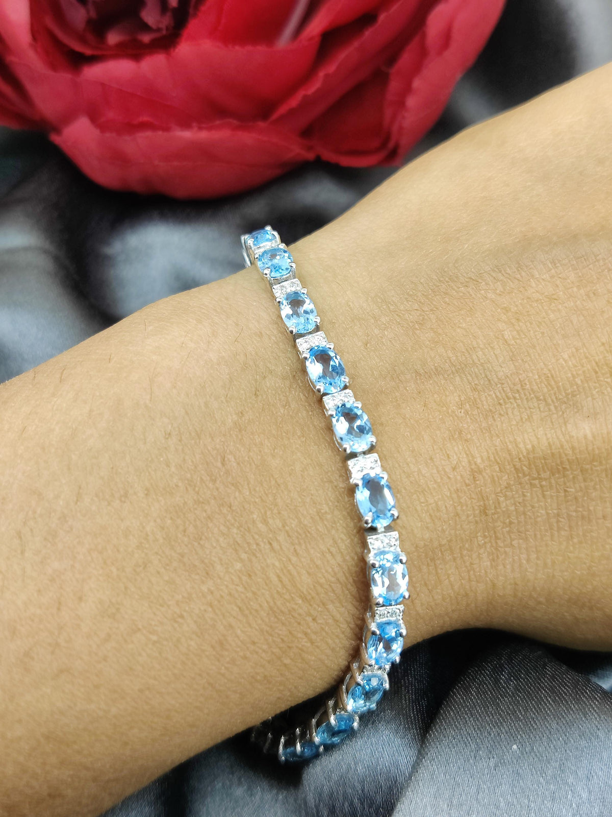 Swiss Blue Topaz Tennis Bracelet, December Birthstone, Sterling Silver, Oval Gemstone Jewelry
