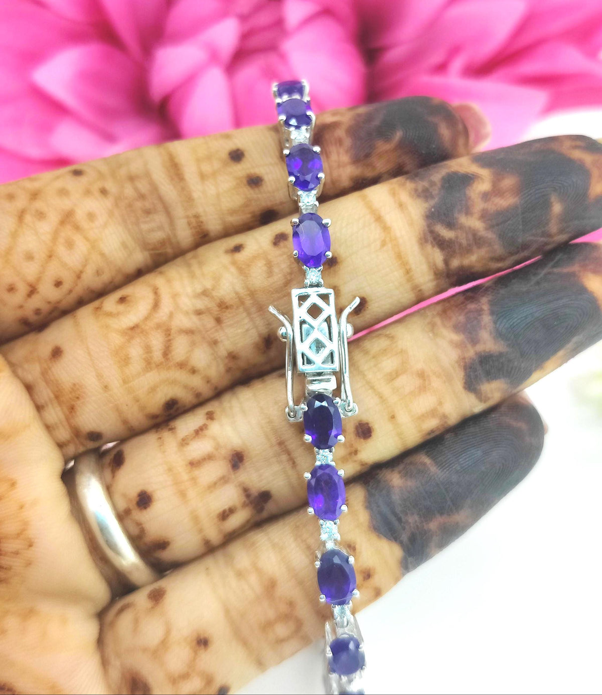 Sterling Silver Oval Amethyst Tennis Bracelet, February Birthstone Jewelry