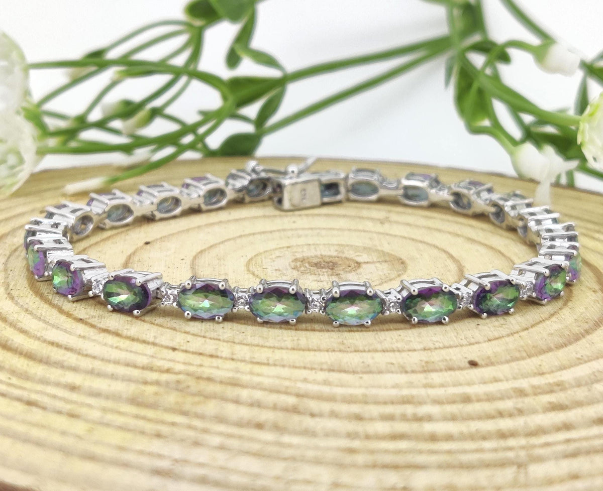 Oval Mystic Topaz Tennis Bracelet, 925 Sterling Silver, Rainbow Gemstone Jewelry
