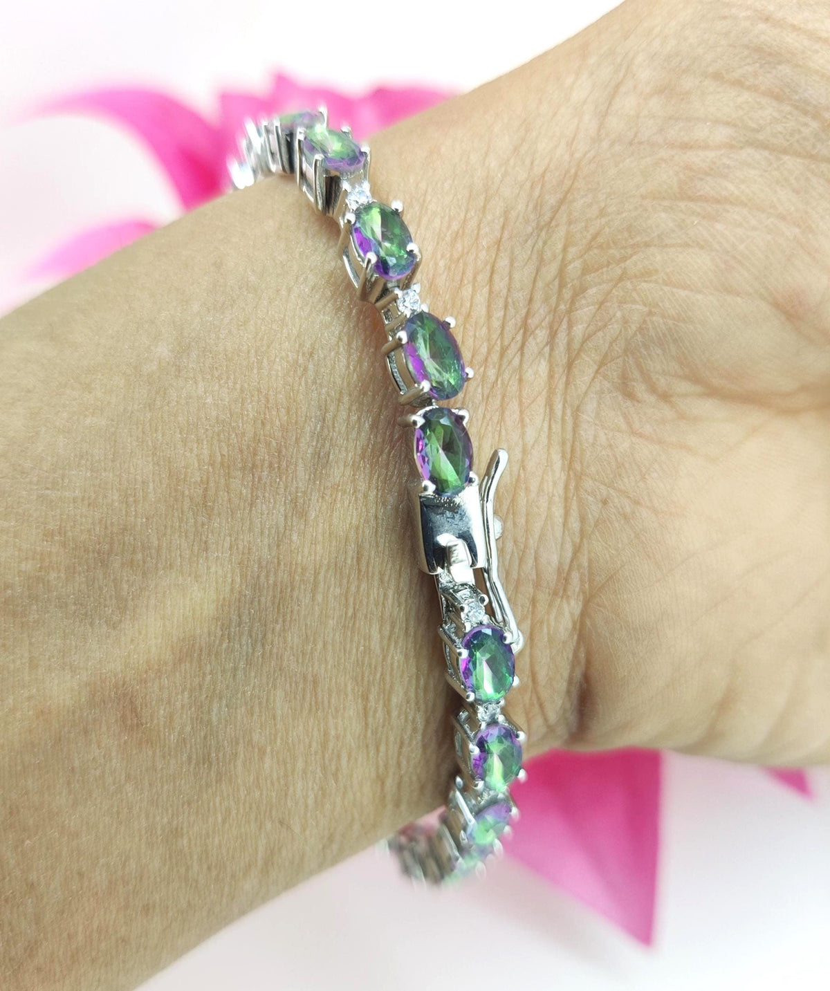 Oval Mystic Topaz Tennis Bracelet, 925 Sterling Silver, Rainbow Gemstone Jewelry
