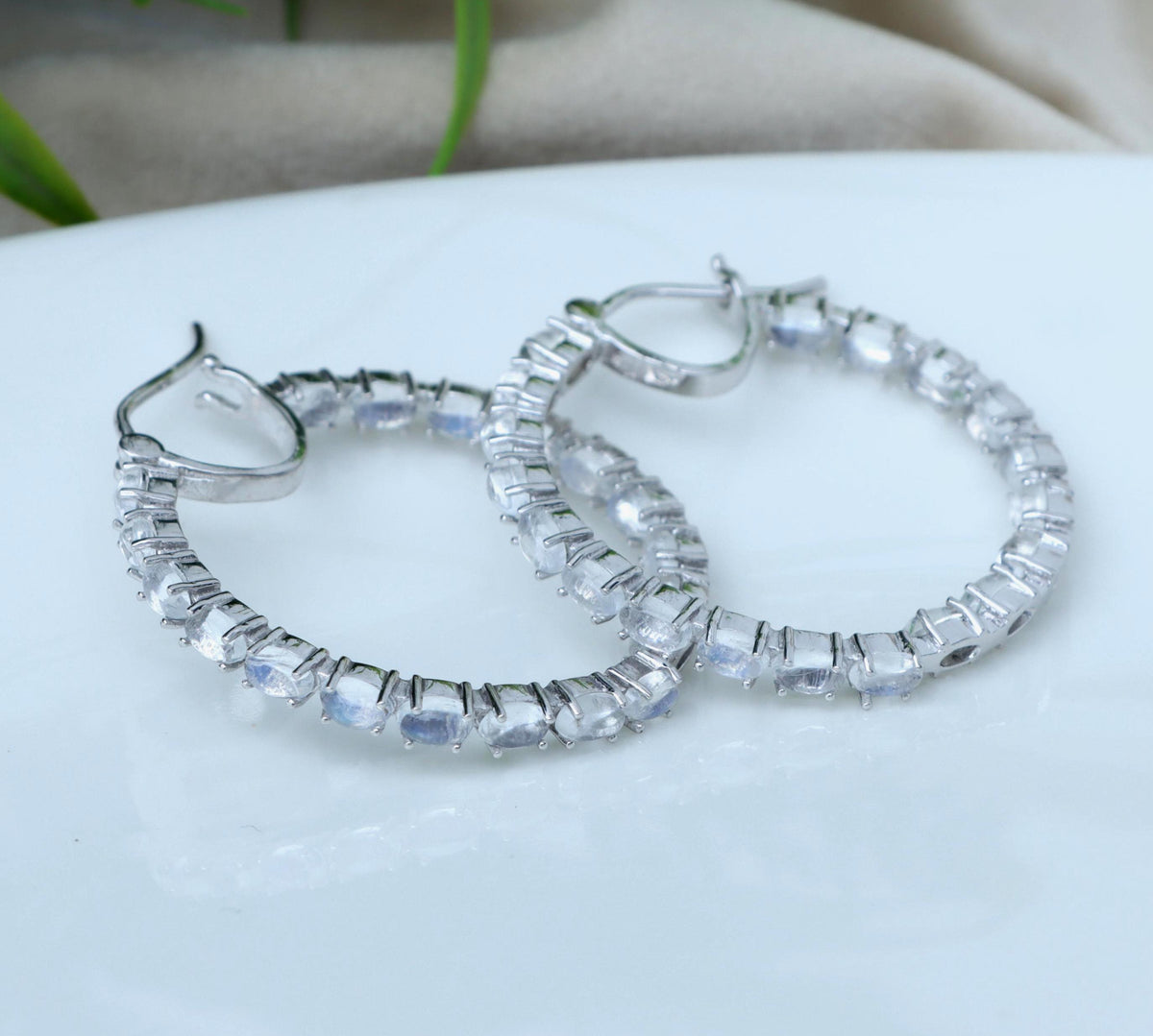 Rainbow Moonstone Hoop Earrings: 925 Sterling Silver, June Birthstone
