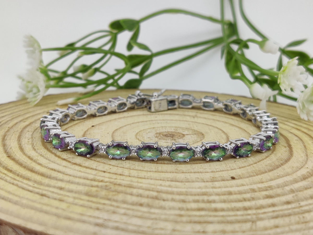 Oval Mystic Topaz Tennis Bracelet, 925 Sterling Silver, Rainbow Gemstone Jewelry