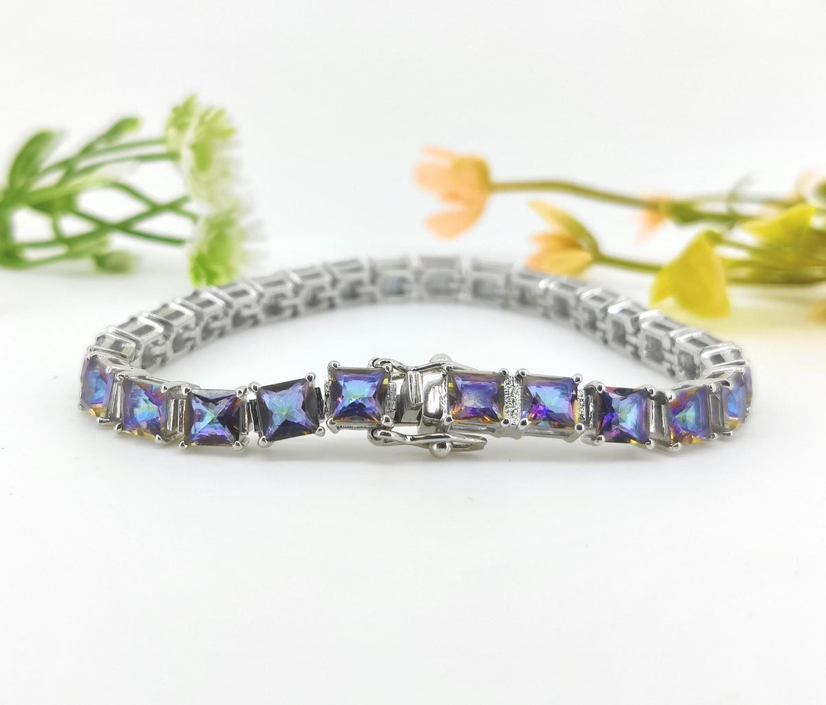 Natural Mystic Topaz Tennis Bracelet-Square Gemstone-925 Sterling Silver Bracelet-Multi Stone-November Birthstone Jewelry-Gift for Birthday