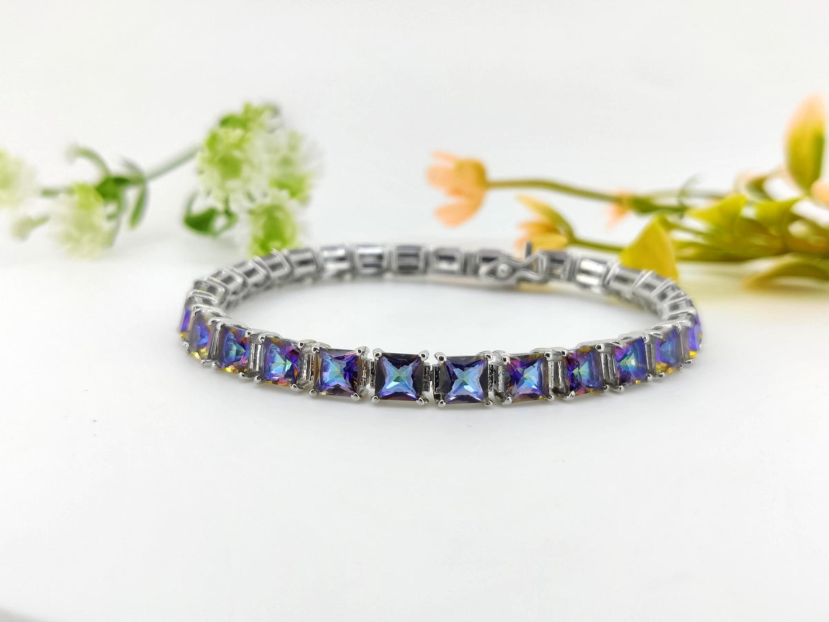 Natural Mystic Topaz Tennis Bracelet-Square Gemstone-925 Sterling Silver Bracelet-Multi Stone-November Birthstone Jewelry-Gift for Birthday