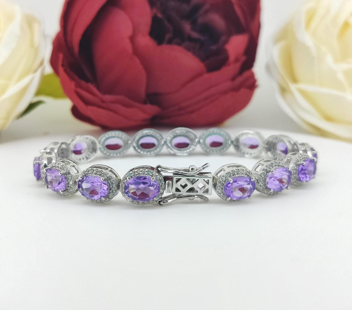 Amethyst Oval Gemstone Tennis Bracelet, 925 Sterling Silver, February Birthstone Jewelry