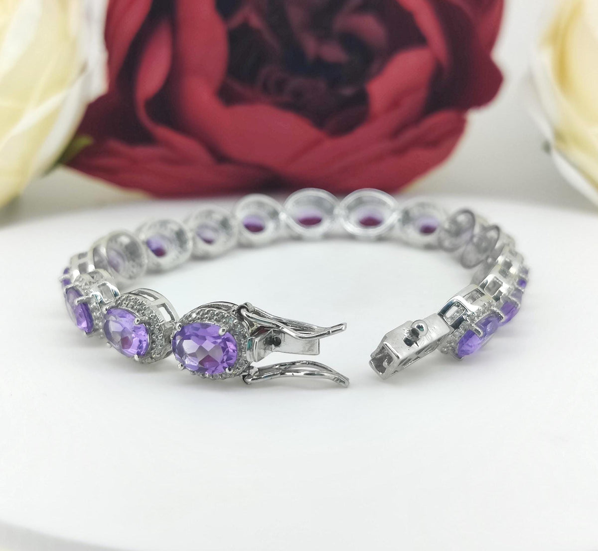 Amethyst Oval Gemstone Tennis Bracelet, 925 Sterling Silver, February Birthstone Jewelry