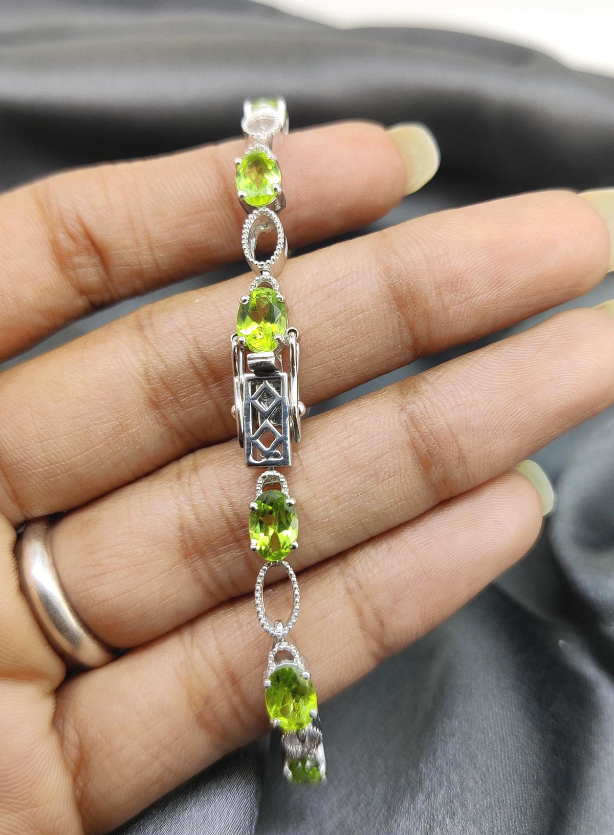 Oval Peridot Tennis Bracelet, Sterling Silver, August Birthstone, Green Gemstone Jewelry