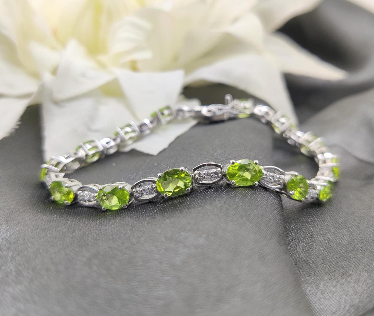 Oval Peridot Tennis Bracelet, Sterling Silver, August Birthstone, Wedding Gift