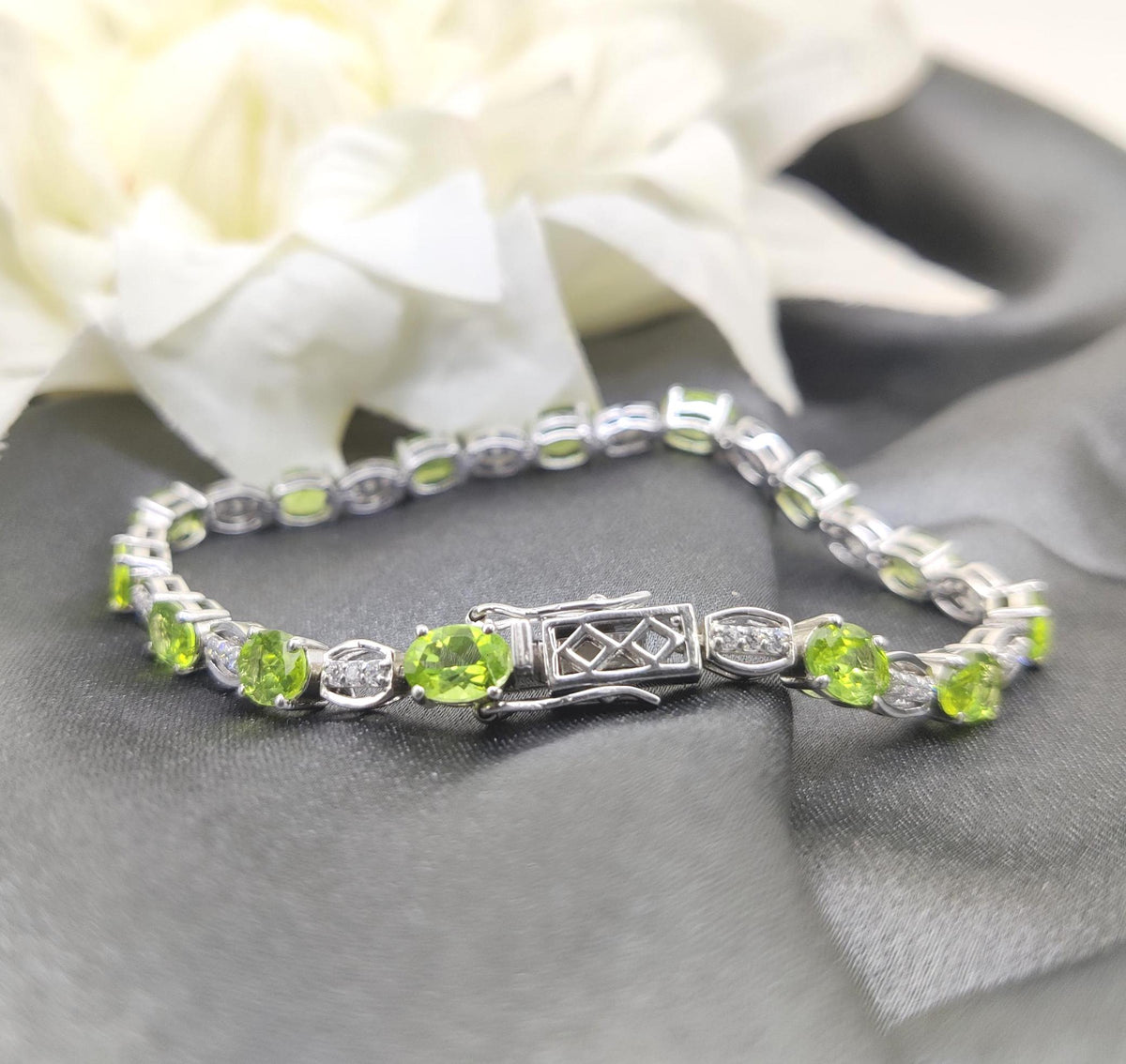 Oval Peridot Tennis Bracelet, Sterling Silver, August Birthstone, Wedding Gift