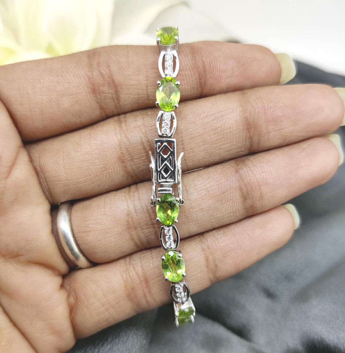 Oval Peridot Tennis Bracelet, Sterling Silver, August Birthstone, Wedding Gift