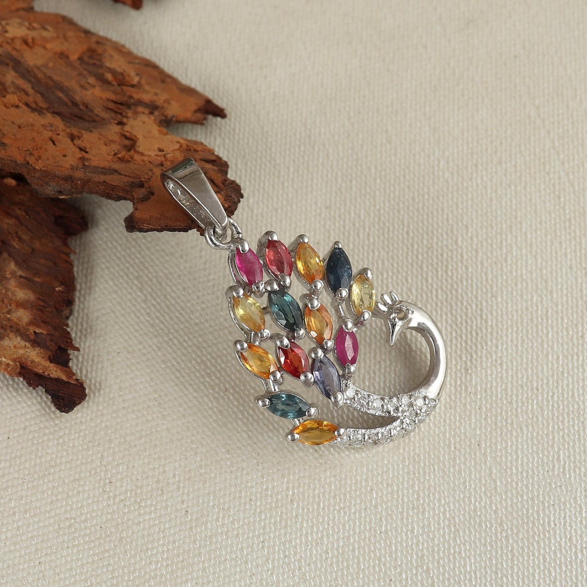 Sterling Silver Rainbow Sapphire Peacock Pendant: Diamond Bird Jewelry
