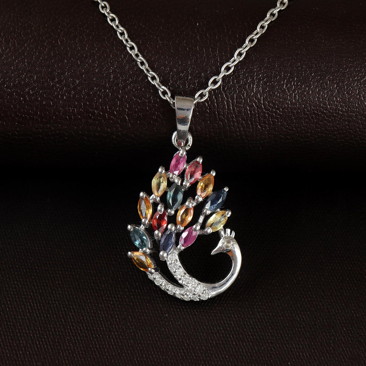 Sterling Silver Rainbow Sapphire Peacock Pendant: Diamond Bird Jewelry