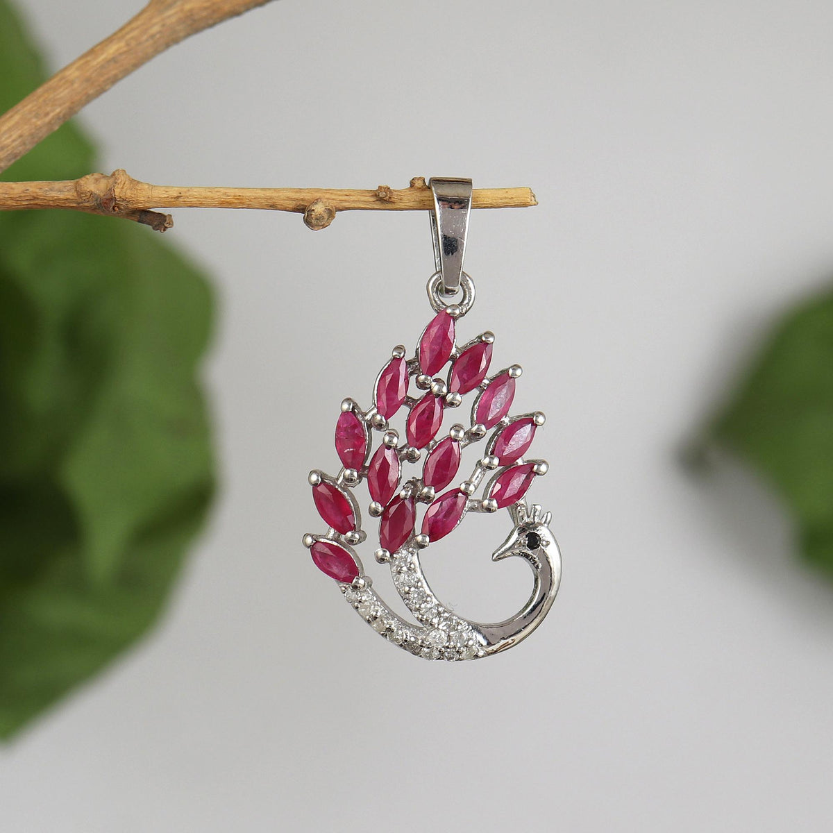 Ruby Peacock Pendant: Sterling Silver Diamond Bird Necklace