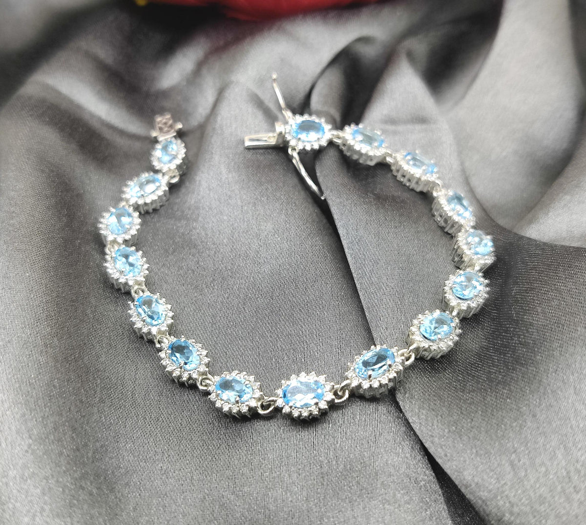 Sterling Silver Swiss Blue Topaz Tennis Bracelet, December Birthstone, Oval Gemstone Jewelry