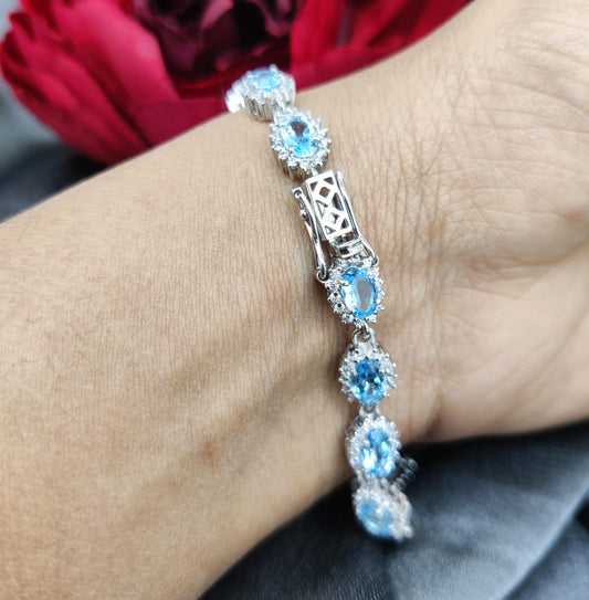 Sterling Silver Swiss Blue Topaz Tennis Bracelet, December Birthstone, Oval Gemstone Jewelry