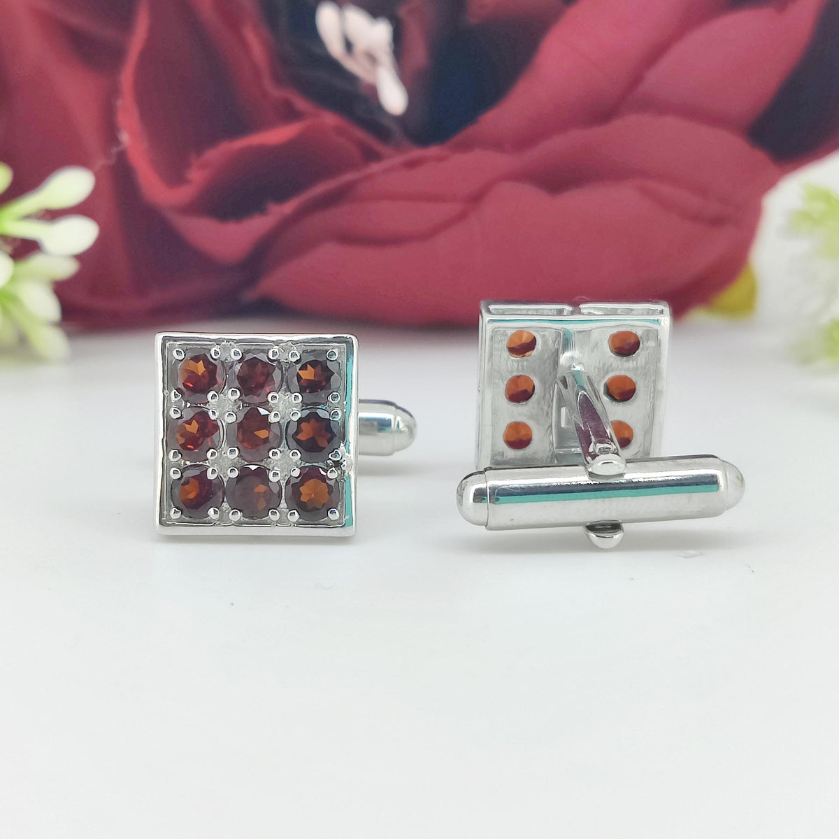 Garnet Cufflinks: 925 Sterling Silver, Square Red Gemstone