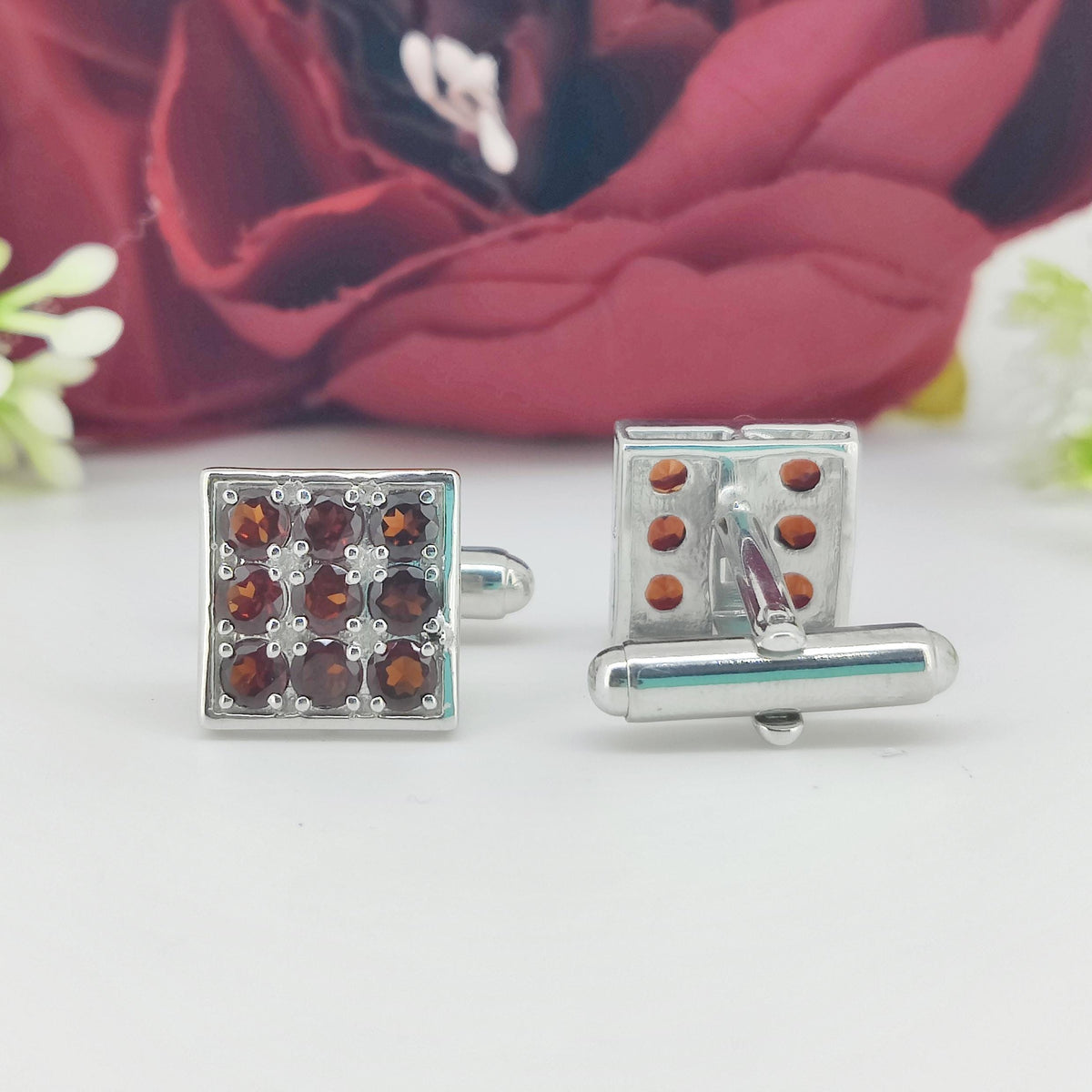 Garnet Cufflinks: 925 Sterling Silver, Square Red Gemstone