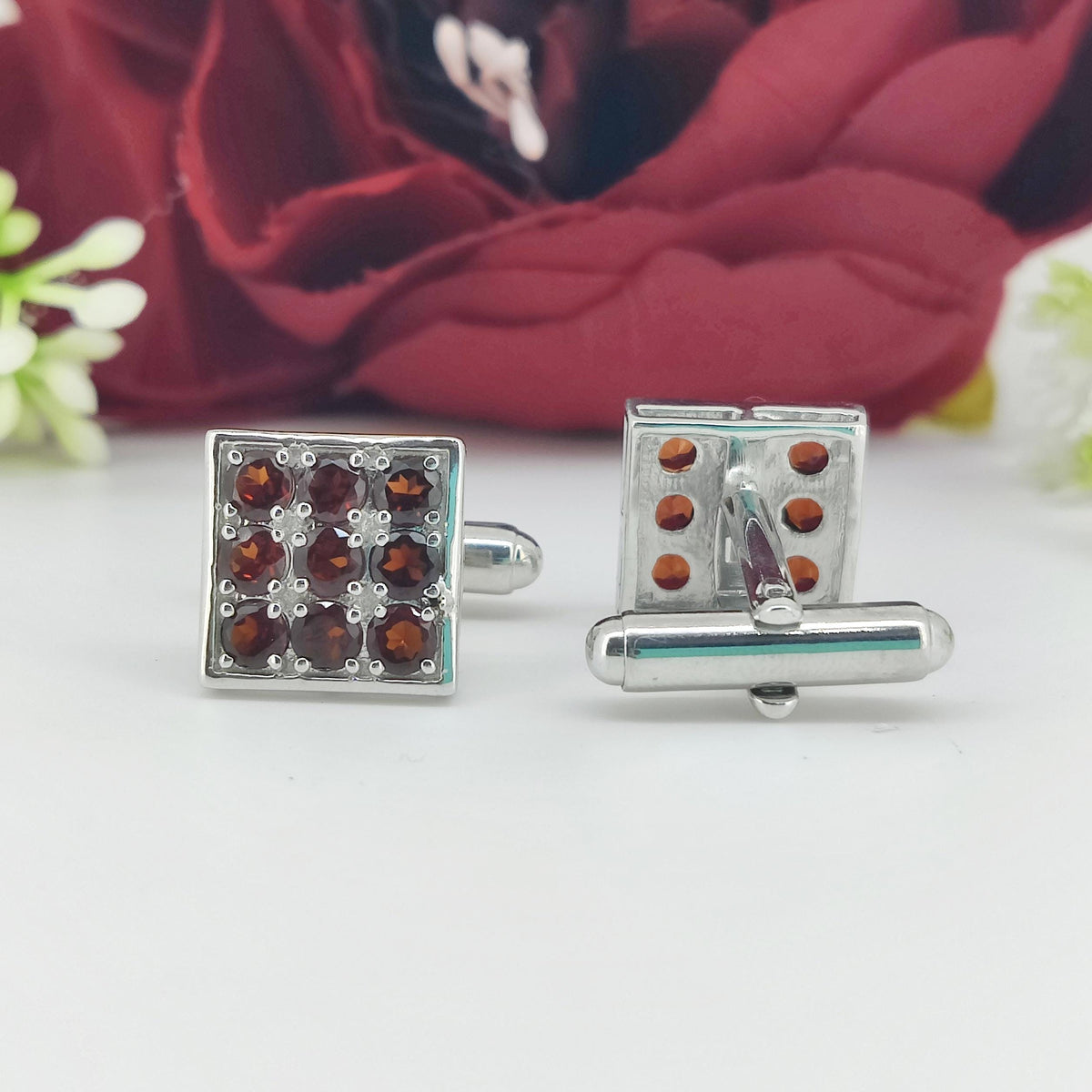 Garnet Cufflinks: 925 Sterling Silver, Square Red Gemstone