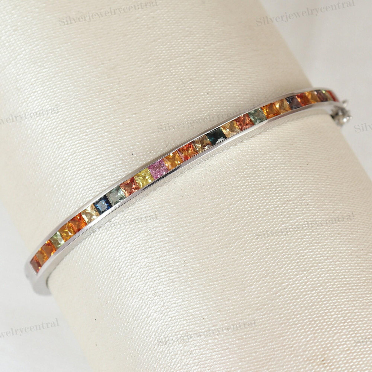 Sterling Silver Multi Sapphire Tennis Bangle Handmade Gemstone, Gift for Her