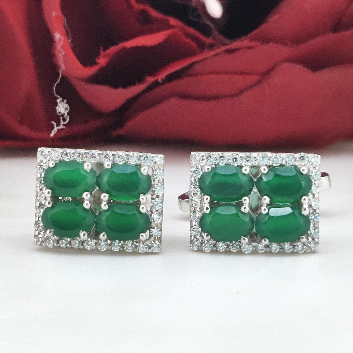 Green Onyx Sterling Silver Cufflinks, Oval Gemstone Men's Wedding Jewelry