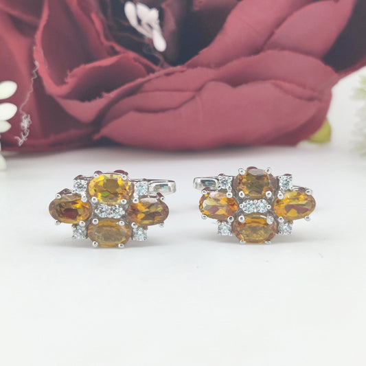 Sterling Silver Citrine Cufflinks, Oval Yellow Gemstone, November Birthstone, Men's Jewelry