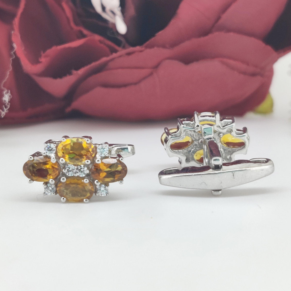 Sterling Silver Citrine Cufflinks, Oval Yellow Gemstone, November Birthstone, Men's Jewelry