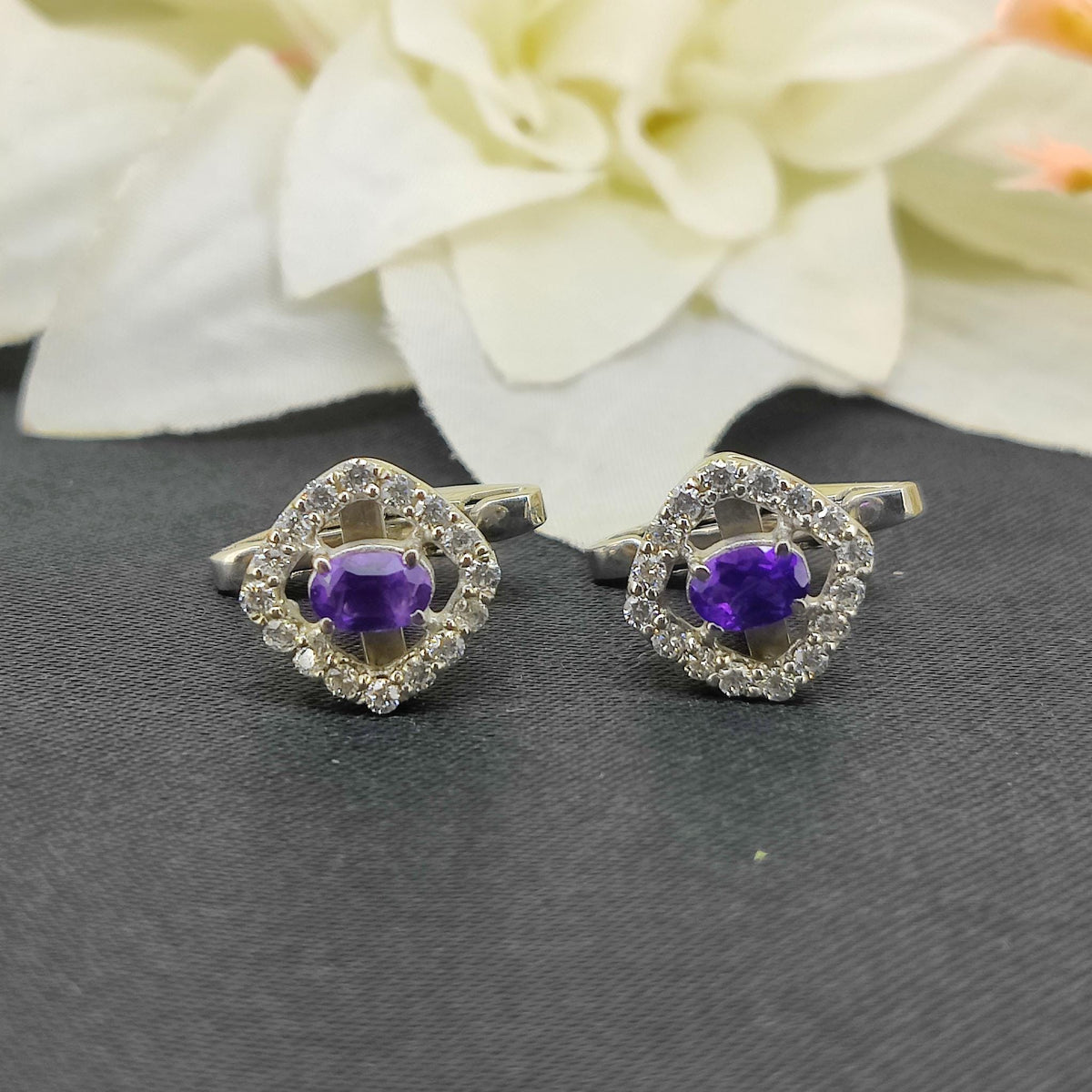 African Amethyst Sterling Silver Cufflinks, Oval Gemstone February Birthstone Accessories