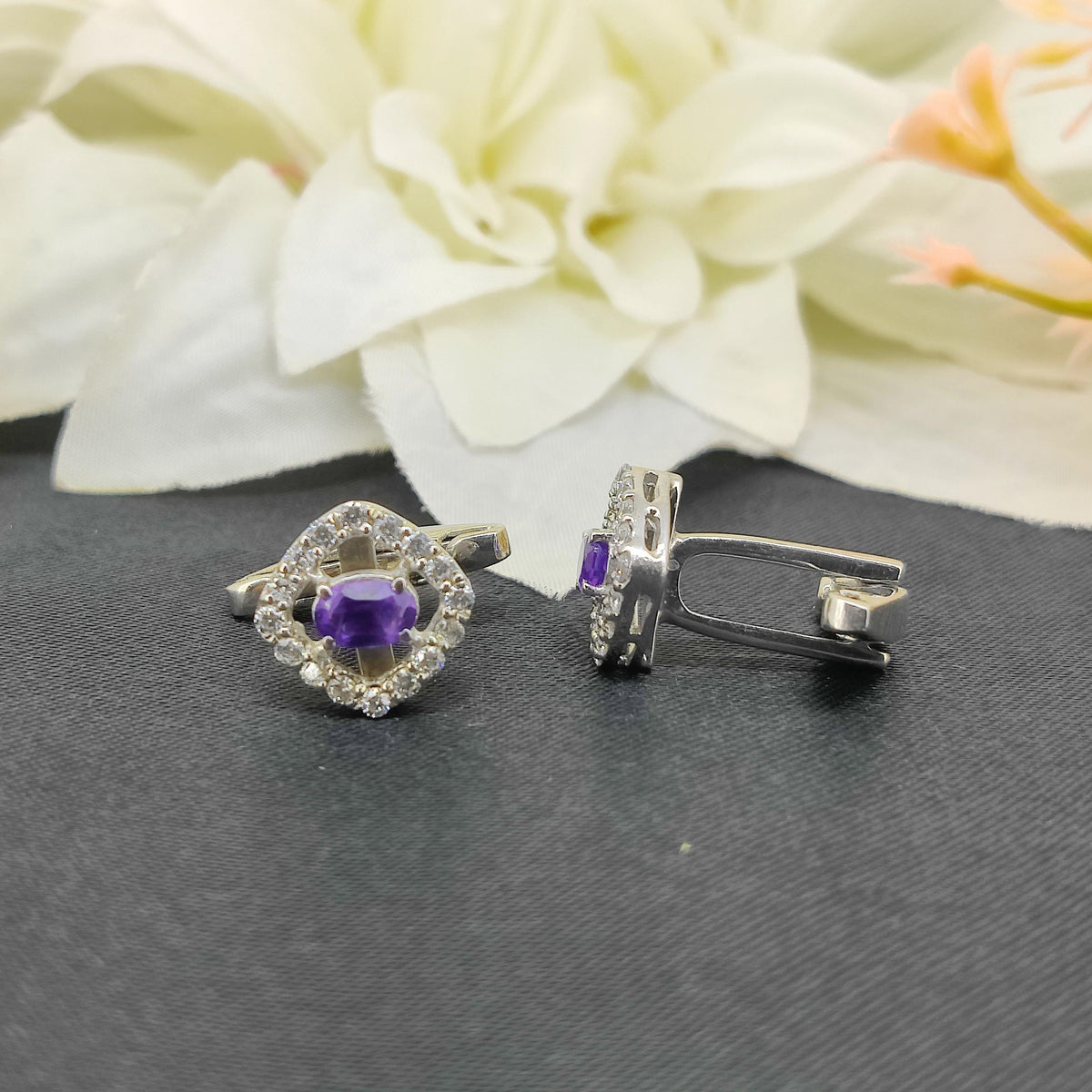 African Amethyst Sterling Silver Cufflinks, Oval Gemstone February Birthstone Accessories
