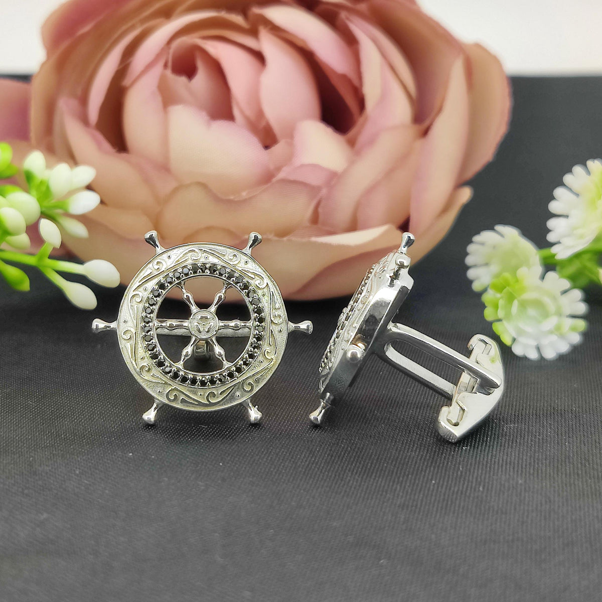 Sterling Silver Black Spinel Ship Wheel Cufflinks, Nautical Maritime Accessories