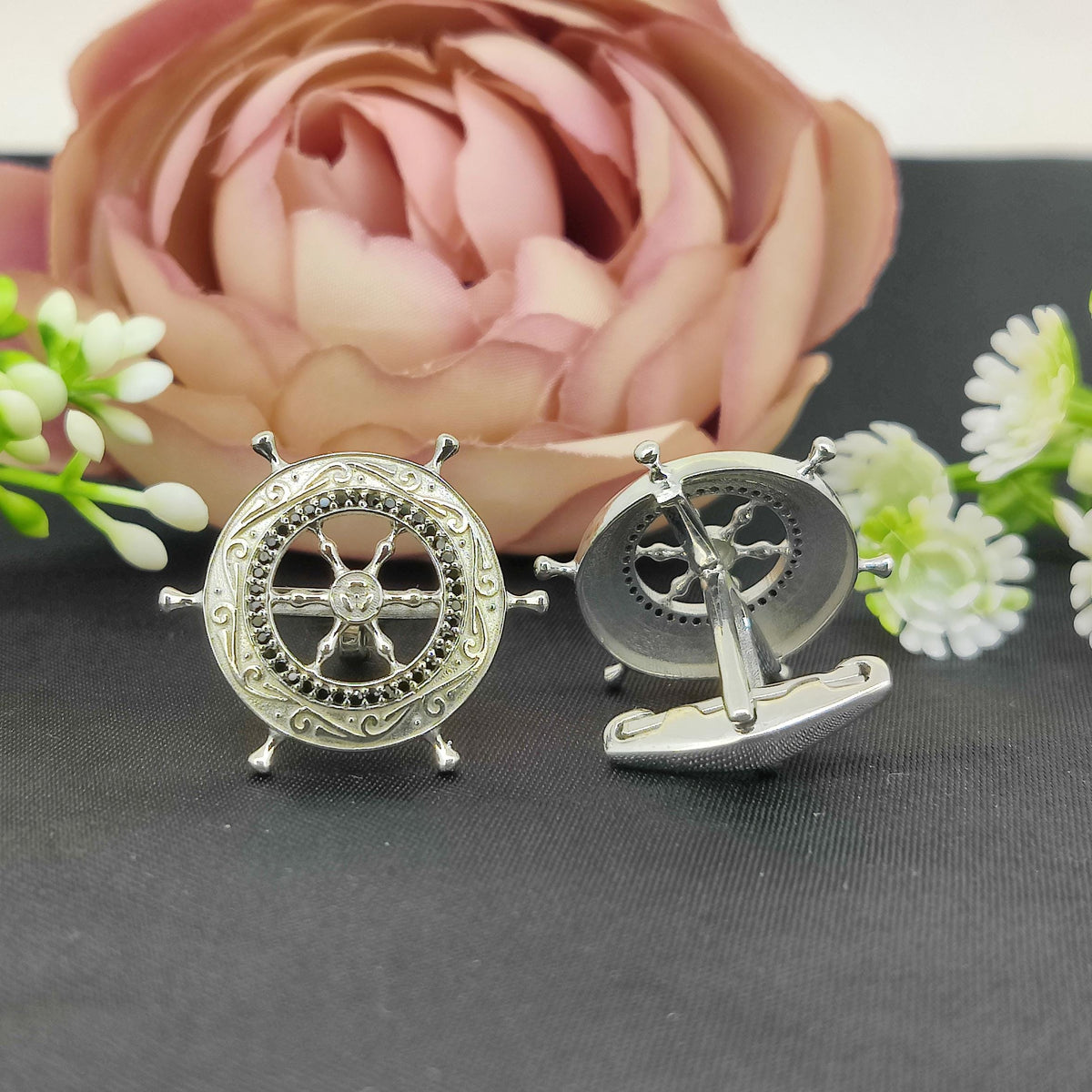 Sterling Silver Black Spinel Ship Wheel Cufflinks, Nautical Maritime Accessories