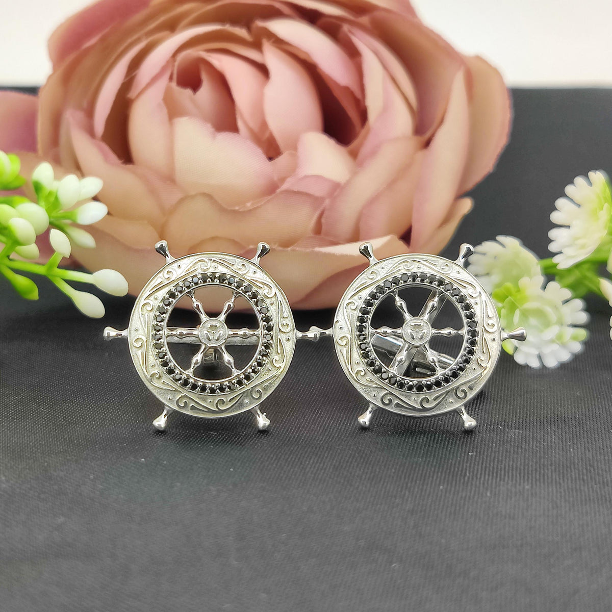 Sterling Silver Black Spinel Ship Wheel Cufflinks, Nautical Maritime Accessories