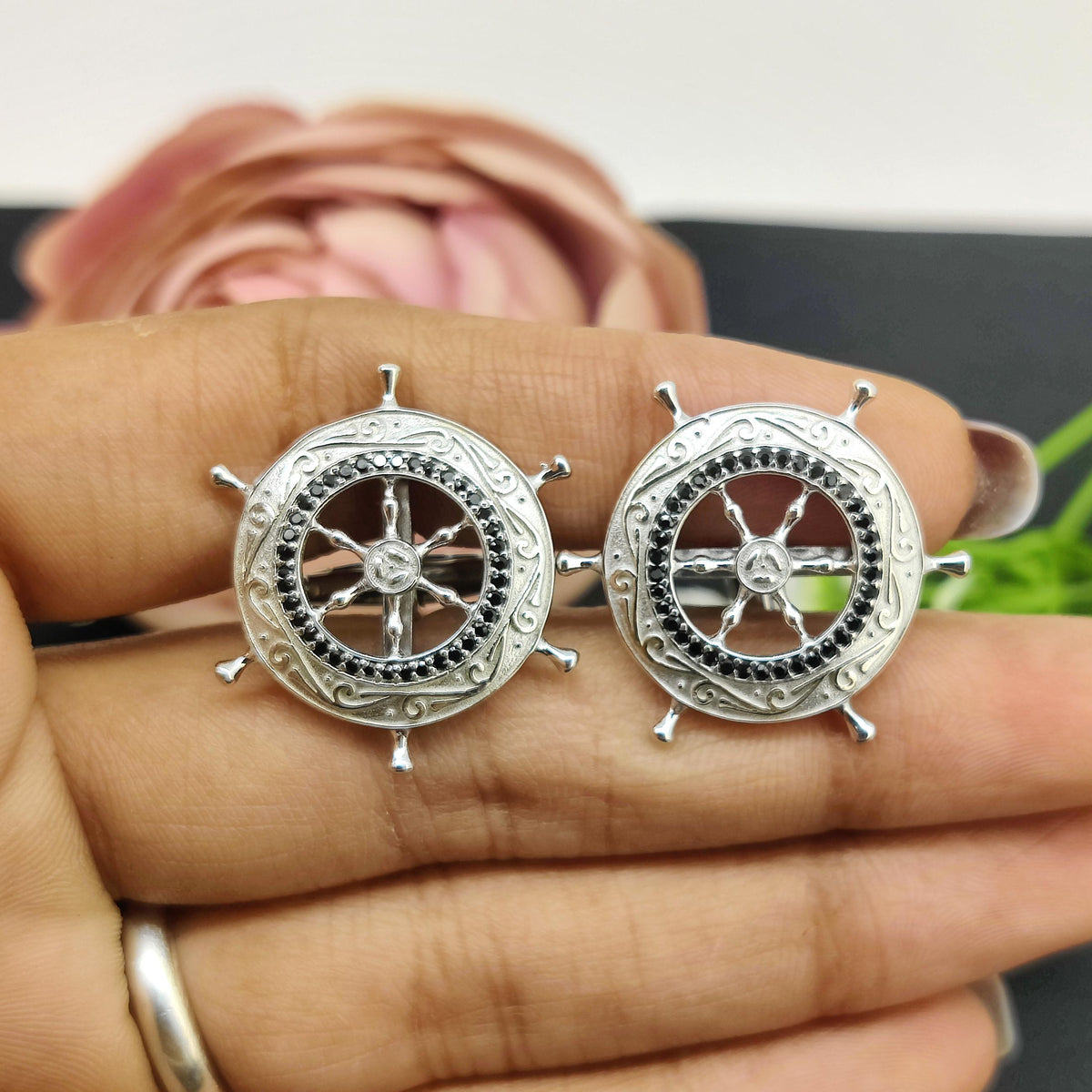 Sterling Silver Black Spinel Ship Wheel Cufflinks, Nautical Maritime Accessories