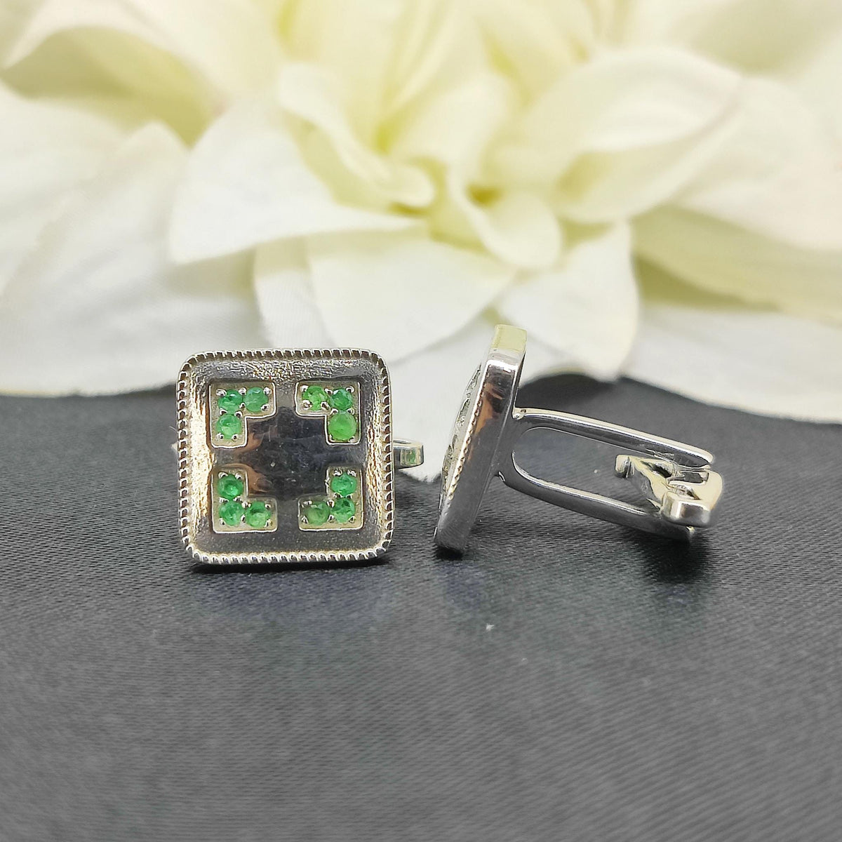 Natural Emerald Cufflinks-925 Sterling Silver-May Birthstone-Minimalist Square Cufflinks-Formal Wear Men's Accessories-Gift for him