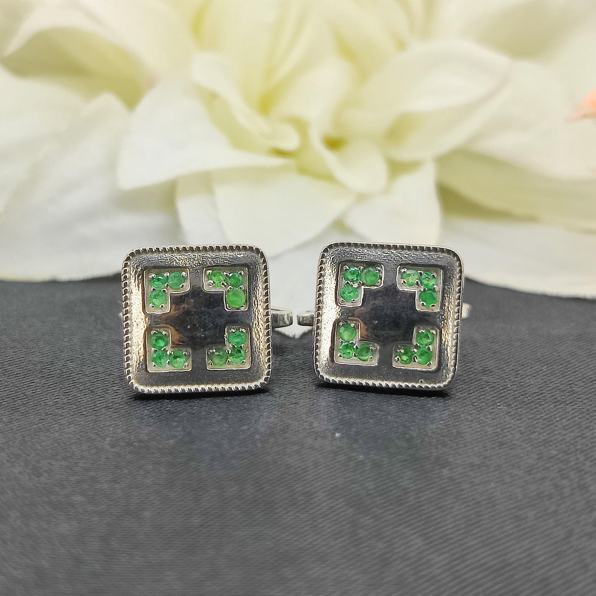 Natural Emerald Cufflinks-925 Sterling Silver-May Birthstone-Minimalist Square Cufflinks-Formal Wear Men's Accessories-Gift for him