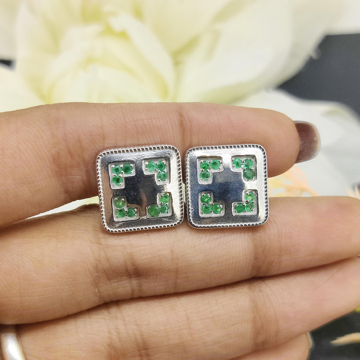 Natural Emerald Cufflinks-925 Sterling Silver-May Birthstone-Minimalist Square Cufflinks-Formal Wear Men's Accessories-Gift for him