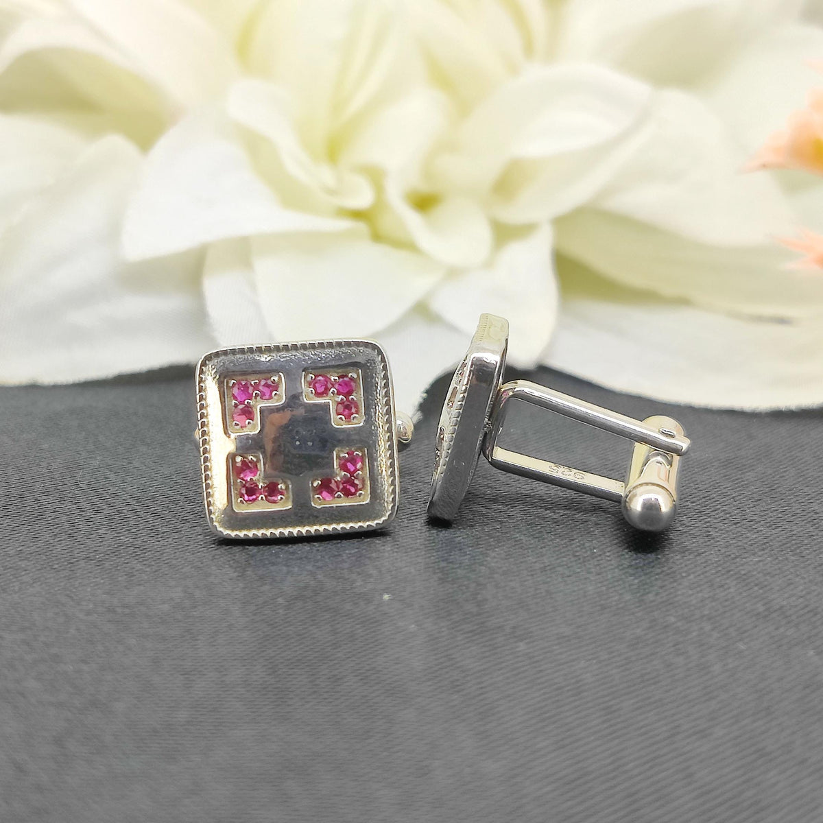 Ruby Cufflinks, Sterling Silver Gemstone Jewelry, July Birthstone, -Handmade Jewelry-Anniversary Gift-Round Gemstone-Silver Cufflinks