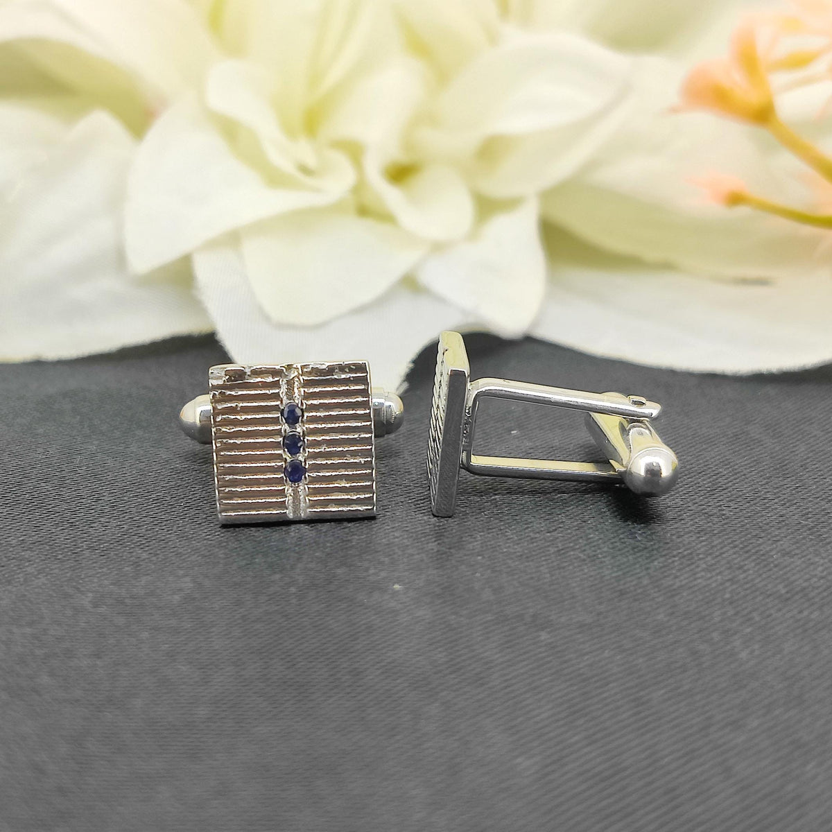 Natural Sapphire Cufflinks-925 Sterling Silver-Minimalist Square Cufflinks-September Birthstone-Men's Formal Wear-Anniversary Gift