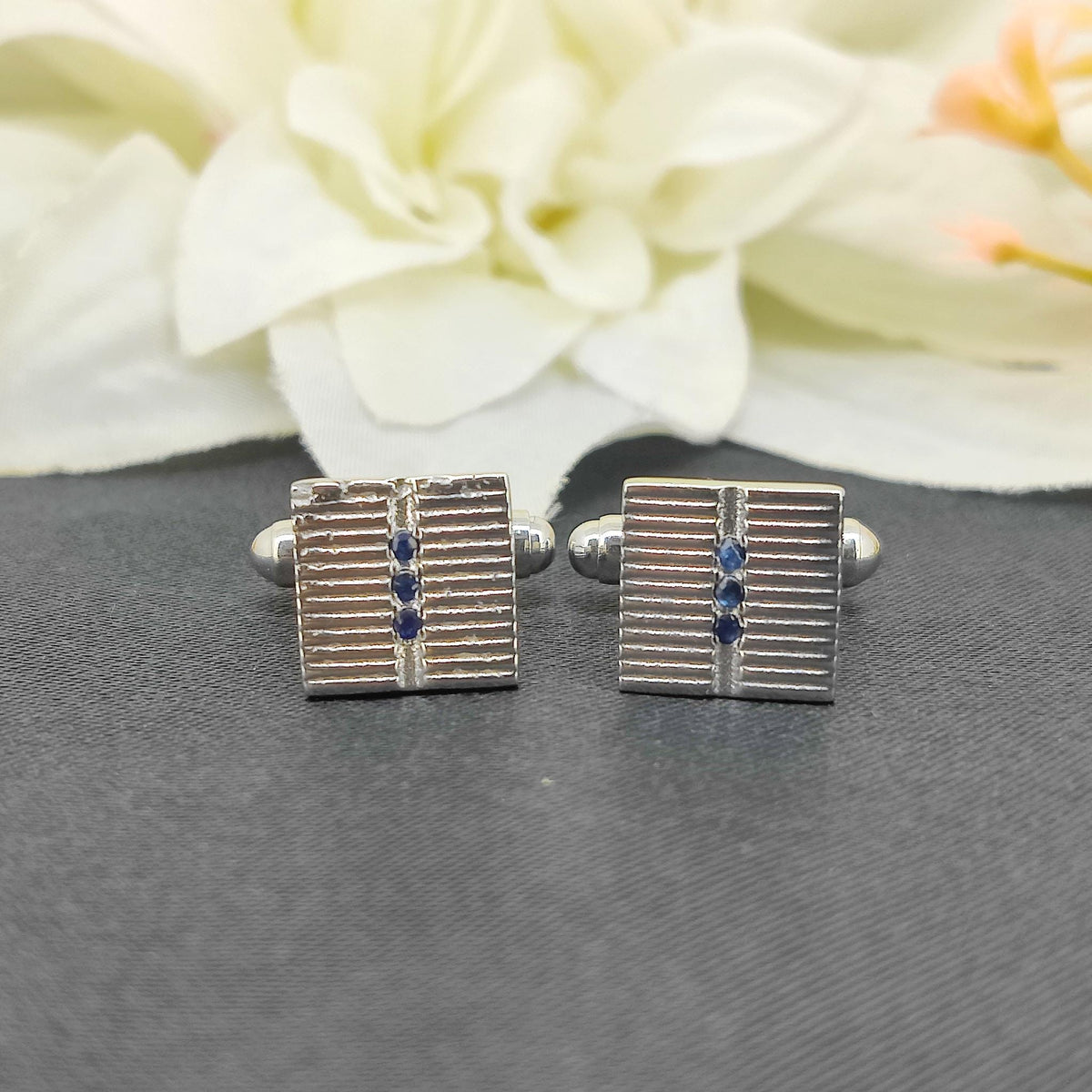 Natural Sapphire Cufflinks-925 Sterling Silver-Minimalist Square Cufflinks-September Birthstone-Men's Formal Wear-Anniversary Gift