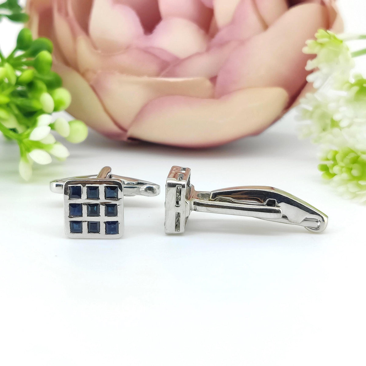 Sapphire Cufflinks- Sterling Silver September Birthstone Cufflinks- Men's Accessories-Anniversary Gift For Her