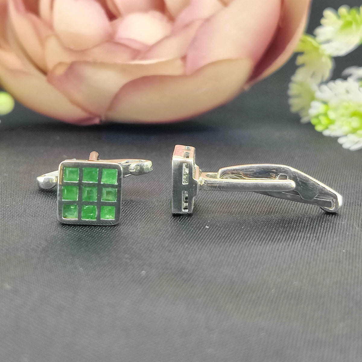 Natural Emerald Gemstone Cufflinks-Sterling Silver-May Birthstone Jewelry-Men's Formal Wear-Gift for him